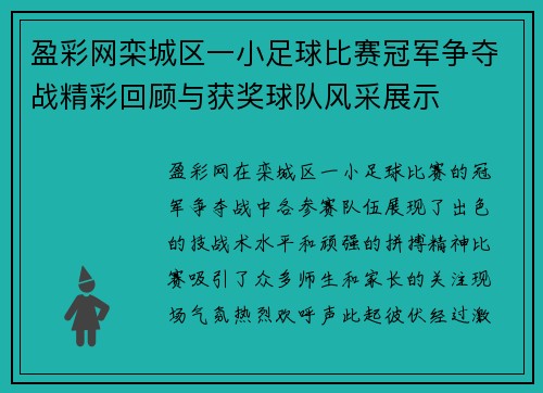 盈彩网栾城区一小足球比赛冠军争夺战精彩回顾与获奖球队风采展示