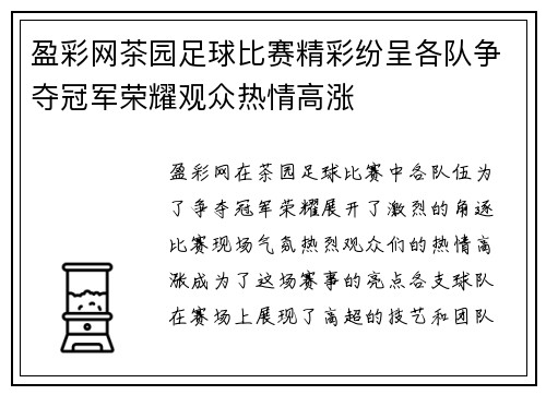 盈彩网茶园足球比赛精彩纷呈各队争夺冠军荣耀观众热情高涨