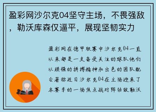 盈彩网沙尔克04坚守主场，不畏强敌，勒沃库森仅逼平，展现坚韧实力
