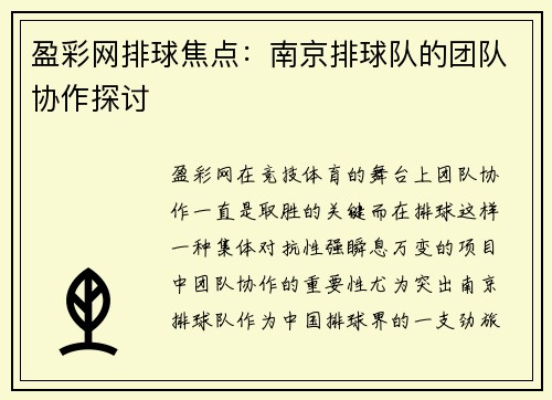 盈彩网排球焦点：南京排球队的团队协作探讨