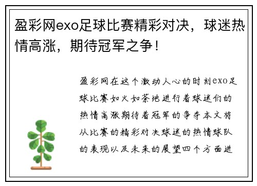盈彩网exo足球比赛精彩对决，球迷热情高涨，期待冠军之争！