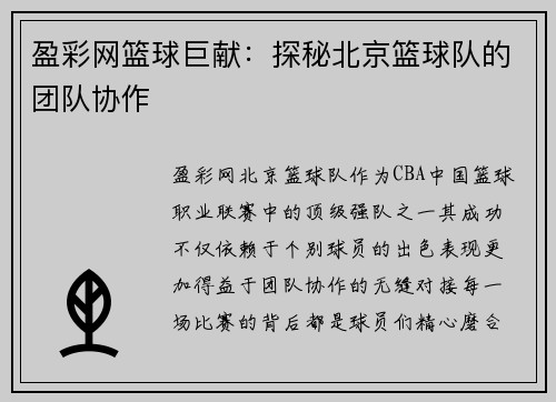 盈彩网篮球巨献：探秘北京篮球队的团队协作