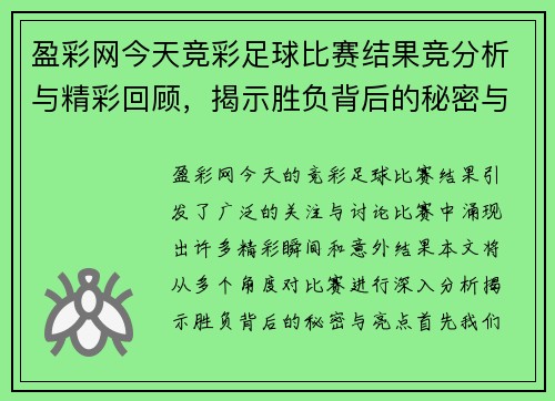 盈彩网今天竞彩足球比赛结果竞分析与精彩回顾，揭示胜负背后的秘密与亮点