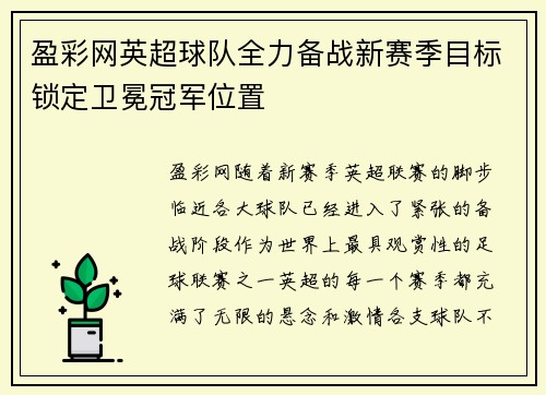盈彩网英超球队全力备战新赛季目标锁定卫冕冠军位置